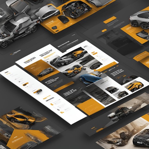 Układ mockupów stron internetowych z grafikami samochodów w różnych kolorach i ujęciach, utrzymany w czarno-złotej kolorystyce, prezentowany z perspektywy izometrycznej.
