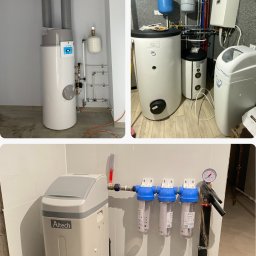 WK INSTALACJE SPÓŁKA Z OGRANICZONĄ ODPOWIEDZIALNOŚCIĄ - Kompleksowa instalacja: pionowy zasobnik ciepłej wody z izolowanymi przewodami, obok mniejszy zbiornik i stacja uzdatniania wody Altech z trzema filtrami mechanicznymi i manometrem, całość...