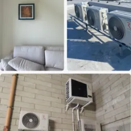 Zestawienie klimatyzatorów Rotenso: jednostka wewnętrzna w salonie z obrazem Gustava Klimta, jednostki zewnętrzne na dachu z widokiem na morze i na ścianie z cegły, pokazujące różne opcje montażu.