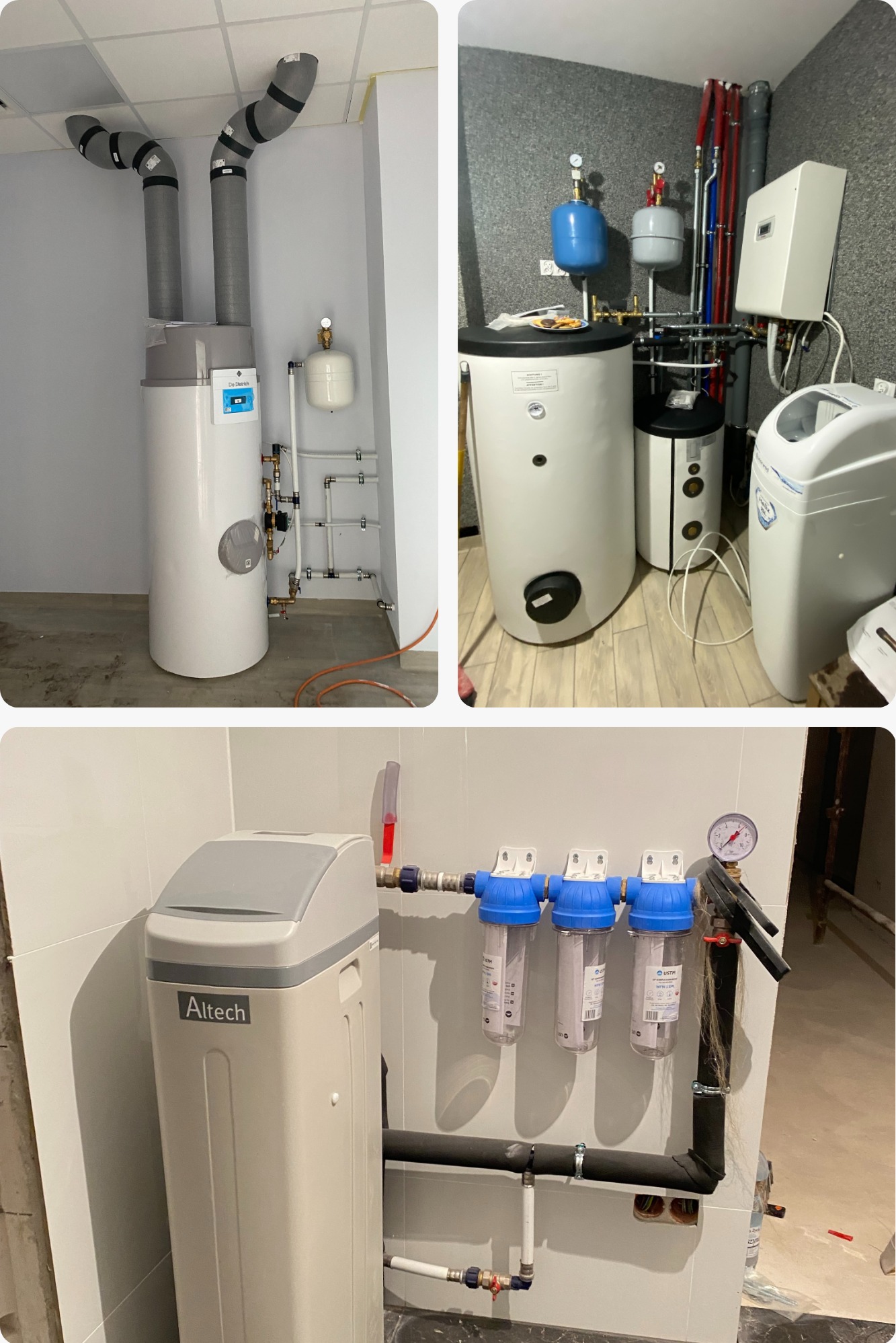 Kompleksowa instalacja: pionowy zasobnik ciepłej wody z izolowanymi przewodami, obok mniejszy zbiornik i stacja uzdatniania wody Altech z trzema filtrami mechanicznymi i manometrem, całość...