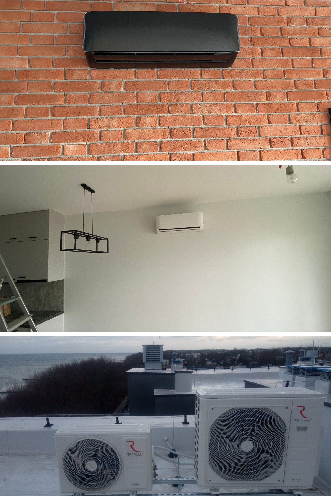 Trzy ujęcia: czarny klimatyzator na ceglanej ścianie, biały klimatyzator w pokoju z minimalistycznym wystrojem, oraz dwa klimatyzatory na dachu budynku z widokiem na morze.
