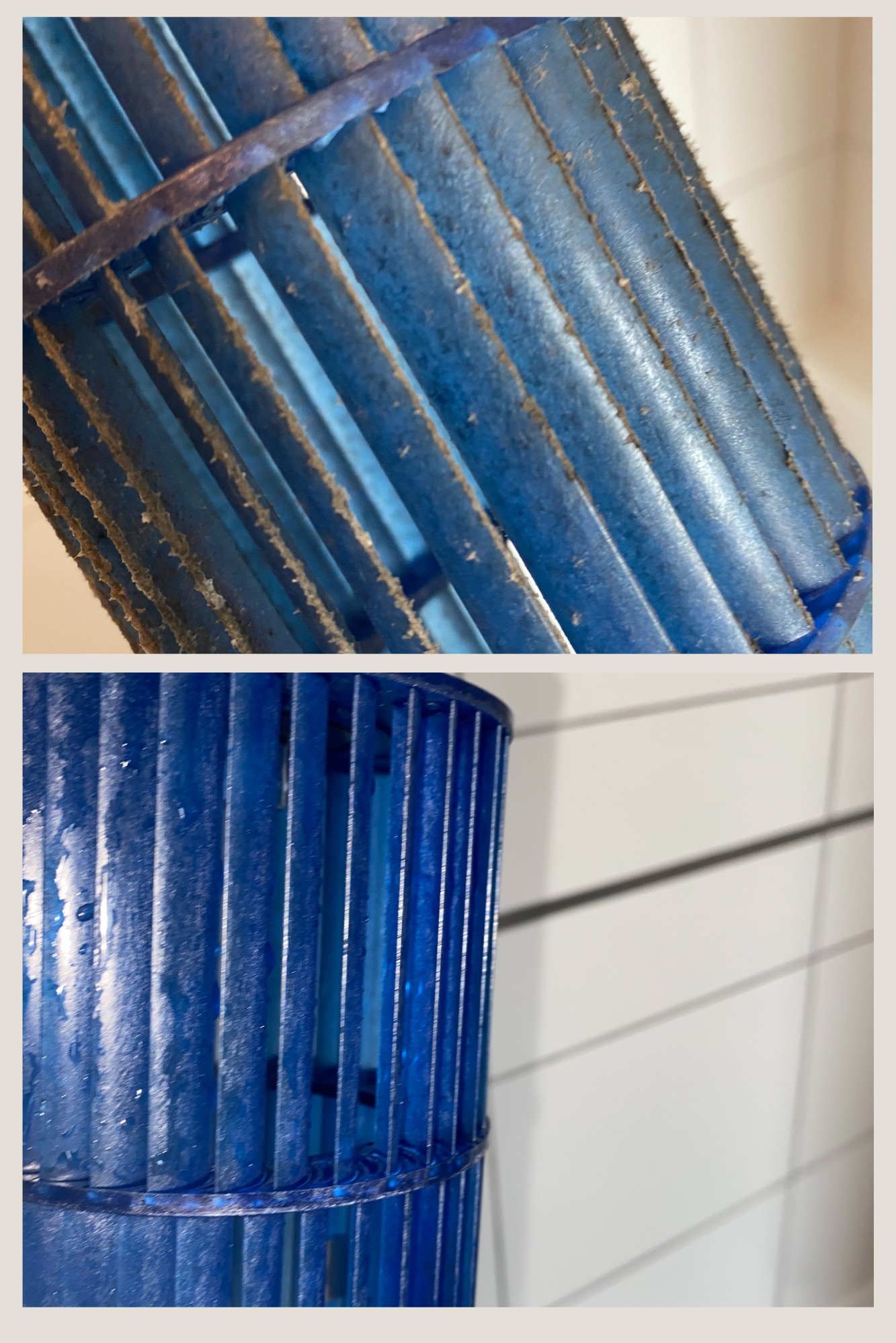 Dwa ujęcia tego samego niebieskiego wentylatora osiowego, widoczne osady kurzu i brudu na łopatkach, dolna część wentylatora po czyszczeniu, widoczne krople wody.