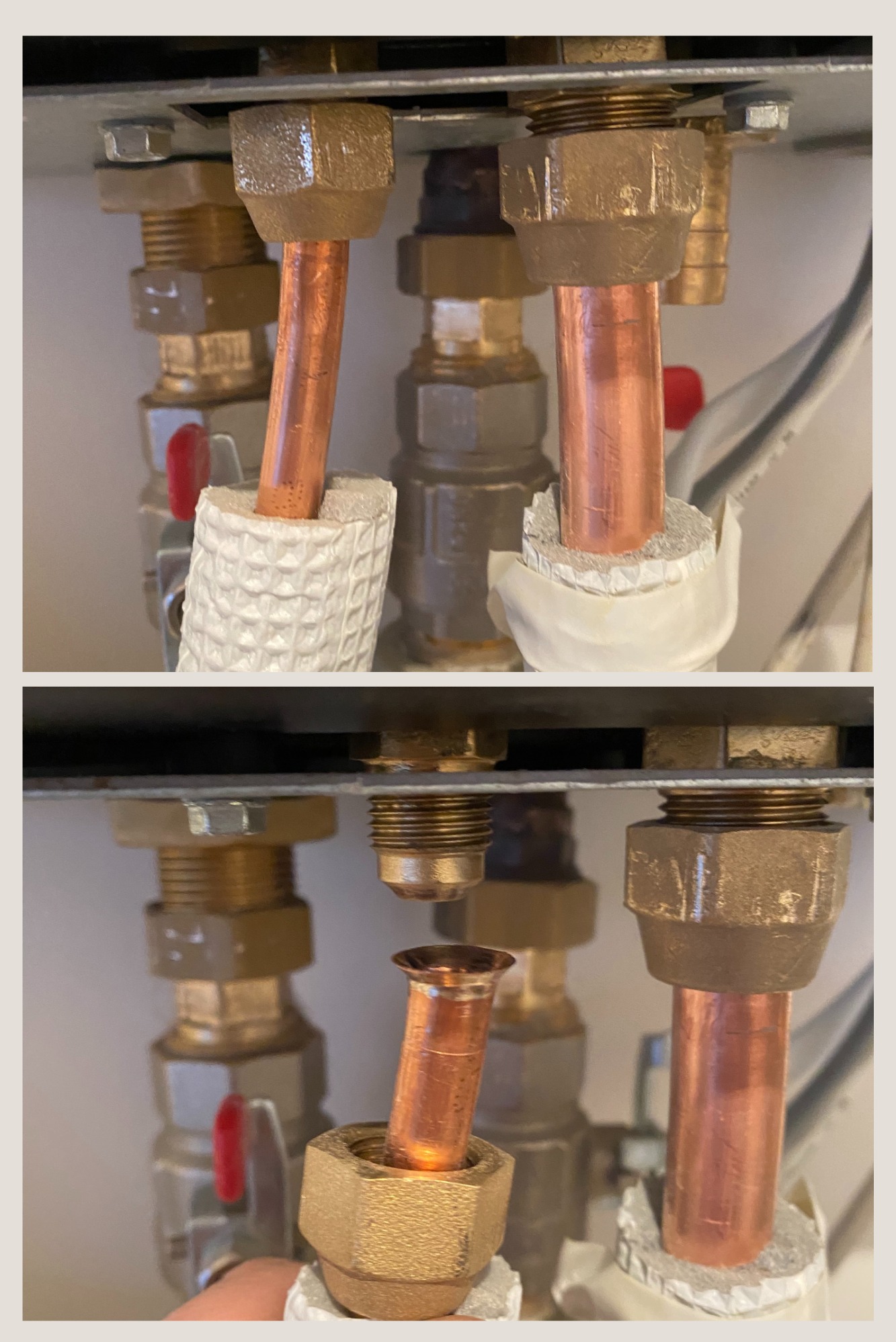 Miedziane rury instalacyjne z izolacją, widoczne połączenia gwintowane i elementy mocujące, ujęcie z bliska prezentujące detale instalacji.