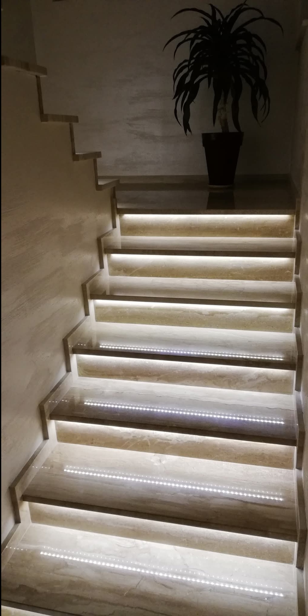 Marmurowe schody z podświetleniem LED na każdym stopniu, prowadzące do góry, z rośliną doniczkową na górnym podeście.