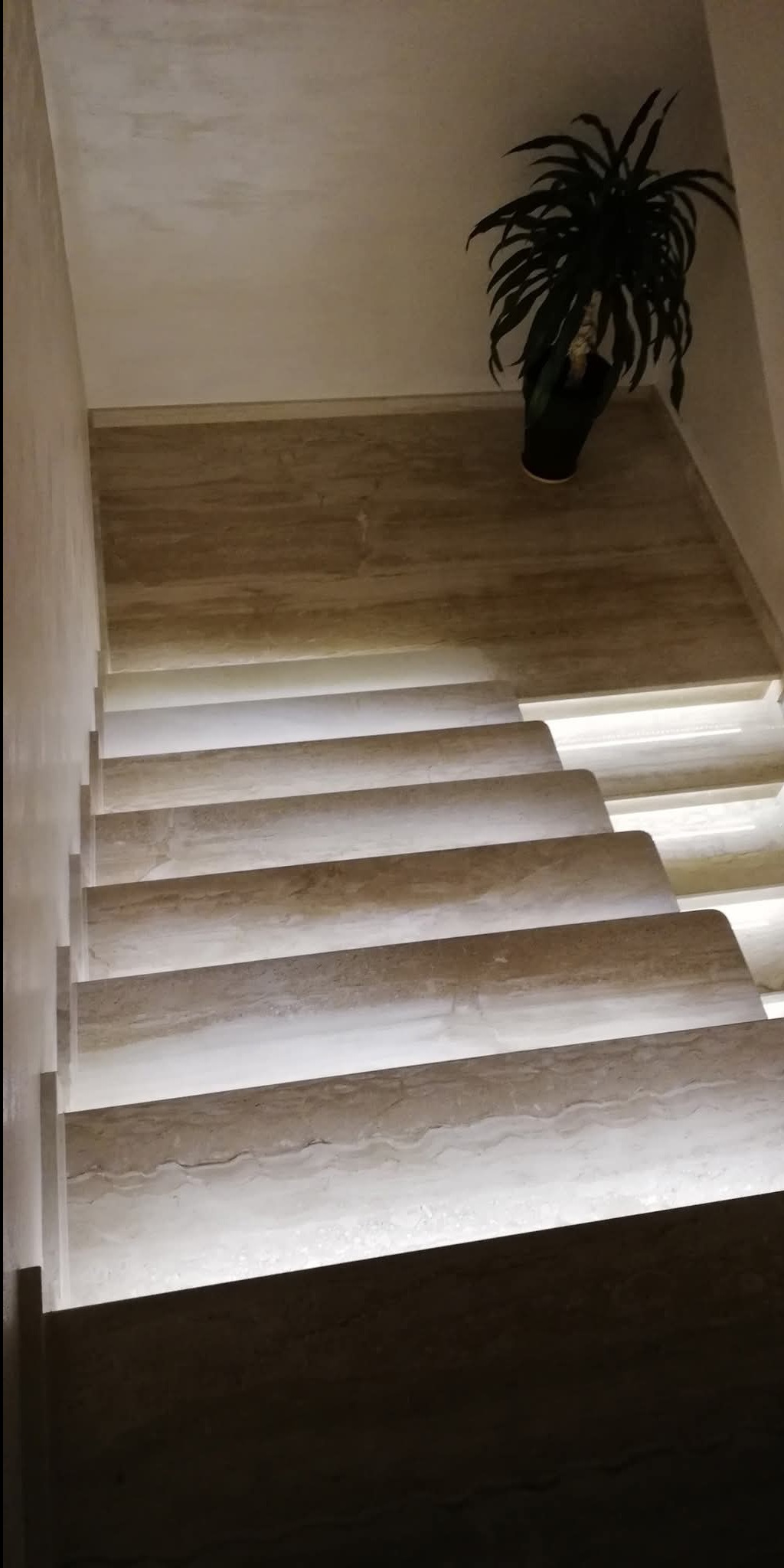 Schody z podświetleniem LED na każdym stopniu, wykonane z beżowego kamienia, z rośliną doniczkową na górnym podeście.