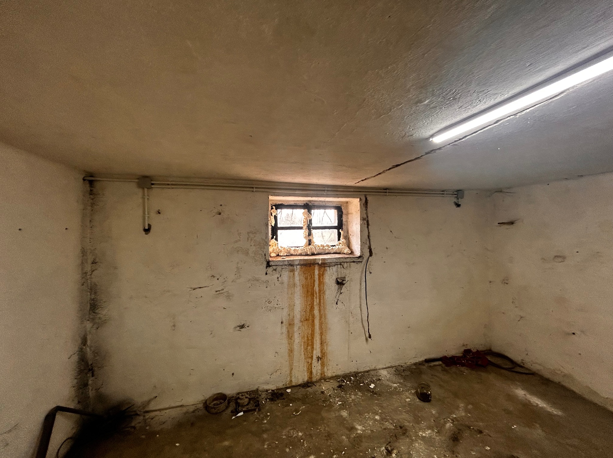 Piwnica z instalacją natynkową: rury elektryczne prowadzone wzdłuż ściany pod sufitem i nad oknem, widoczne puszki instalacyjne, okno uszczelnione pianką montażową, ściany z zaciekami...