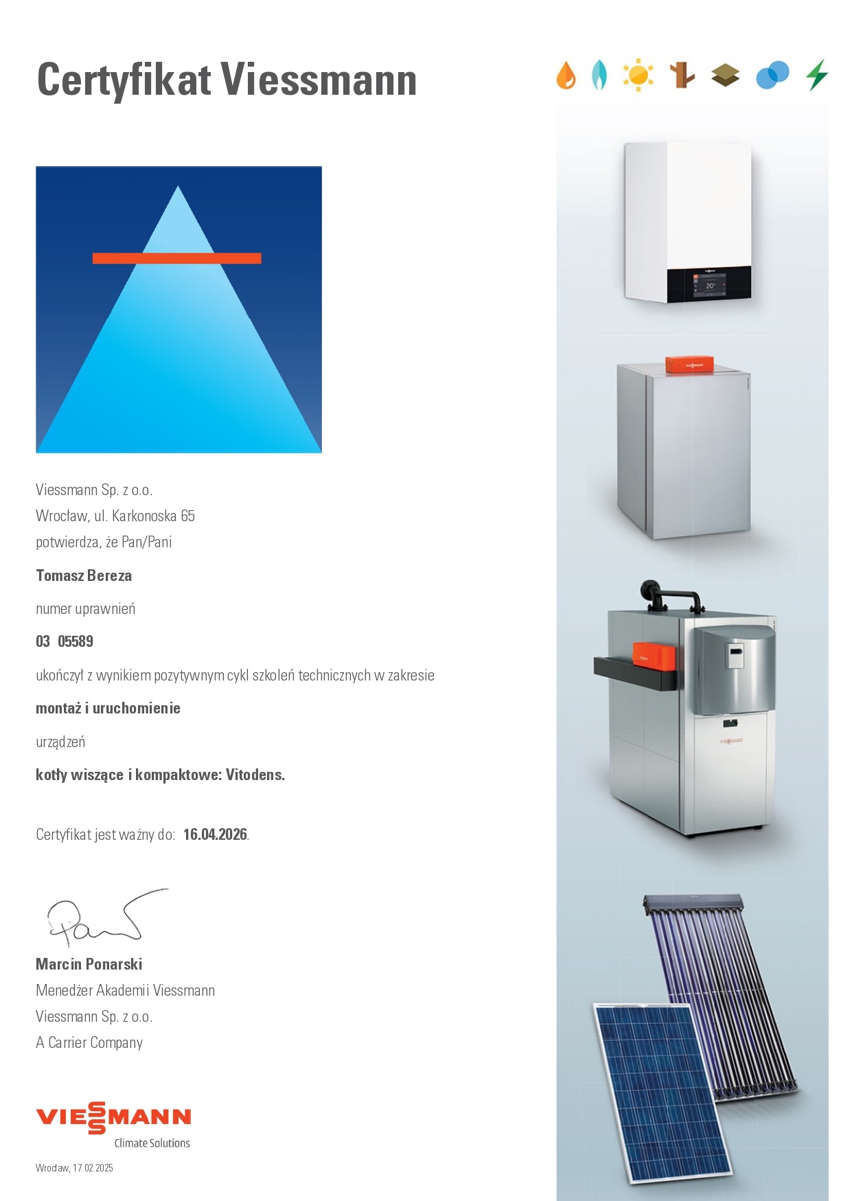 Certyfikat daje mi możliwość montażu kotłów Vitodens