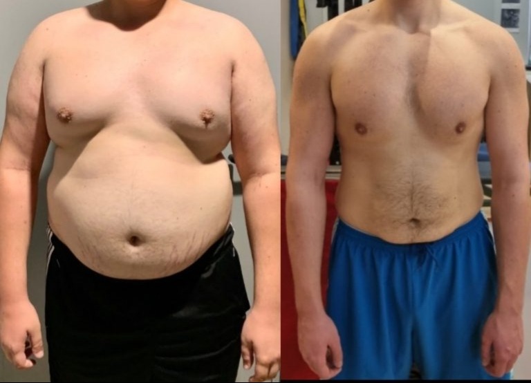 Mężczyzna przed i po metamorfozie sylwetki, widoczne zmiany w budowie ciała i redukcji tkanki tłuszczowej.