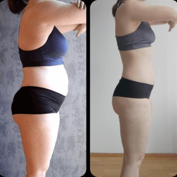 Kolaż przedstawiający metamorfozę sylwetki kobiety, widoczne porównanie profilu brzucha i pośladków przed i po treningach, ciemne sportowe ubranie, szary tynk na ścianie w tle.