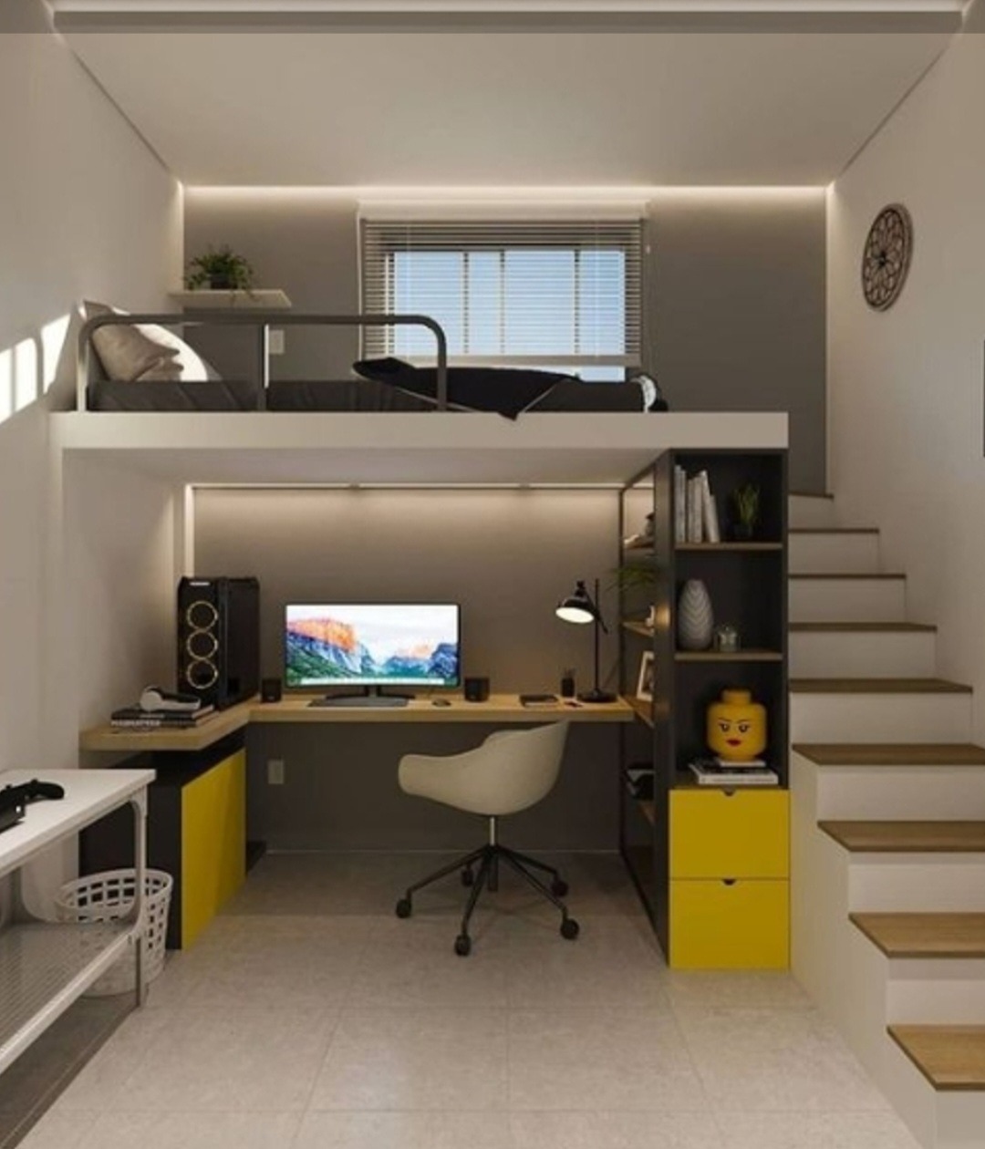 Pokój młodzieżowy z łóżkiem na antresoli, biurkiem pod spodem i schodami z boku, oświetlenie LED i akcenty w kolorze żółtym, minimalistyczny styl.
