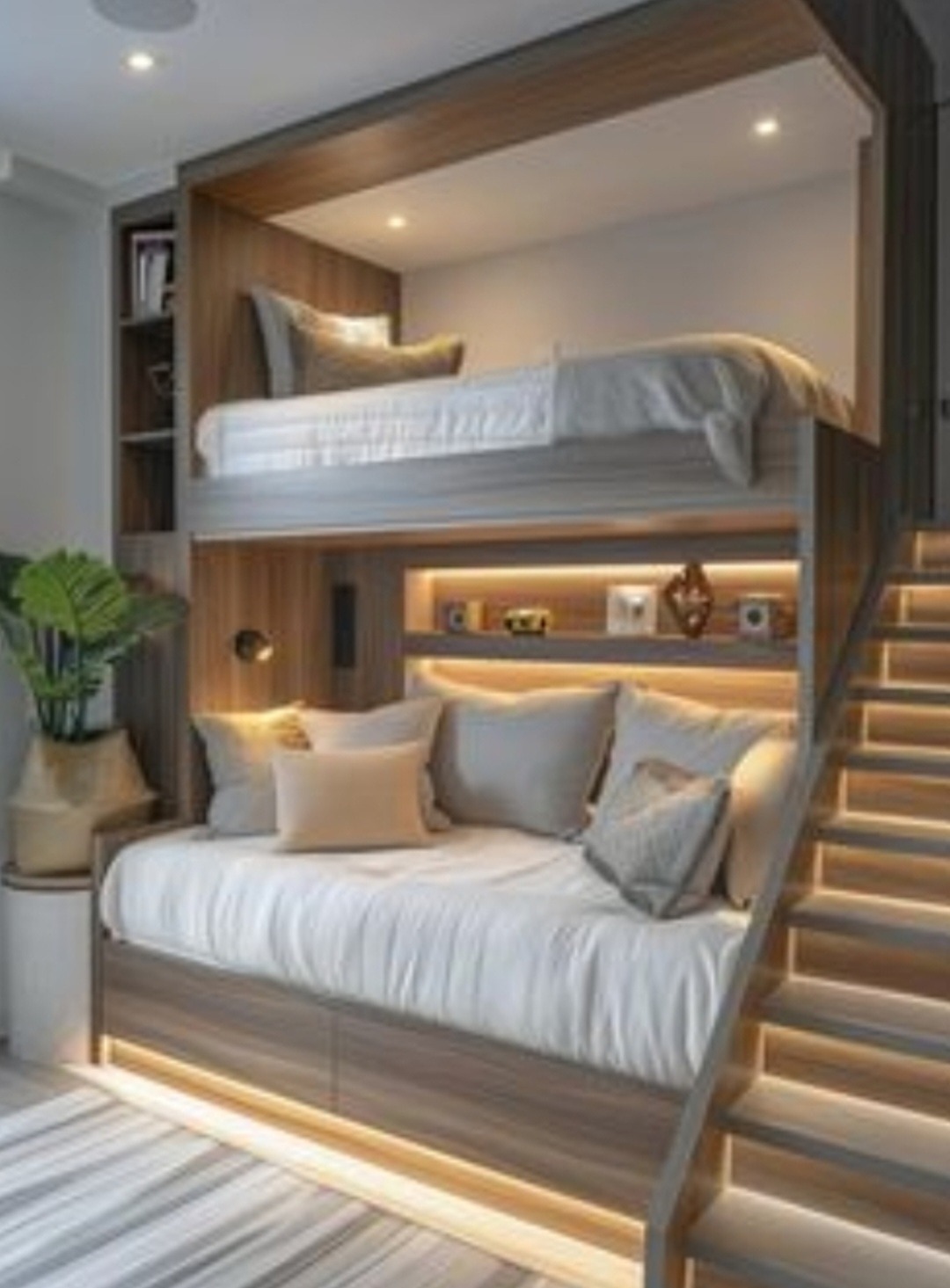 Dwupoziomowe łóżko z drewnianą konstrukcją, oświetleniem LED wbudowanym w stopnie schodów i półki, z dekoracyjnymi poduszkami i rośliną doniczkową obok dolnego łóżka.