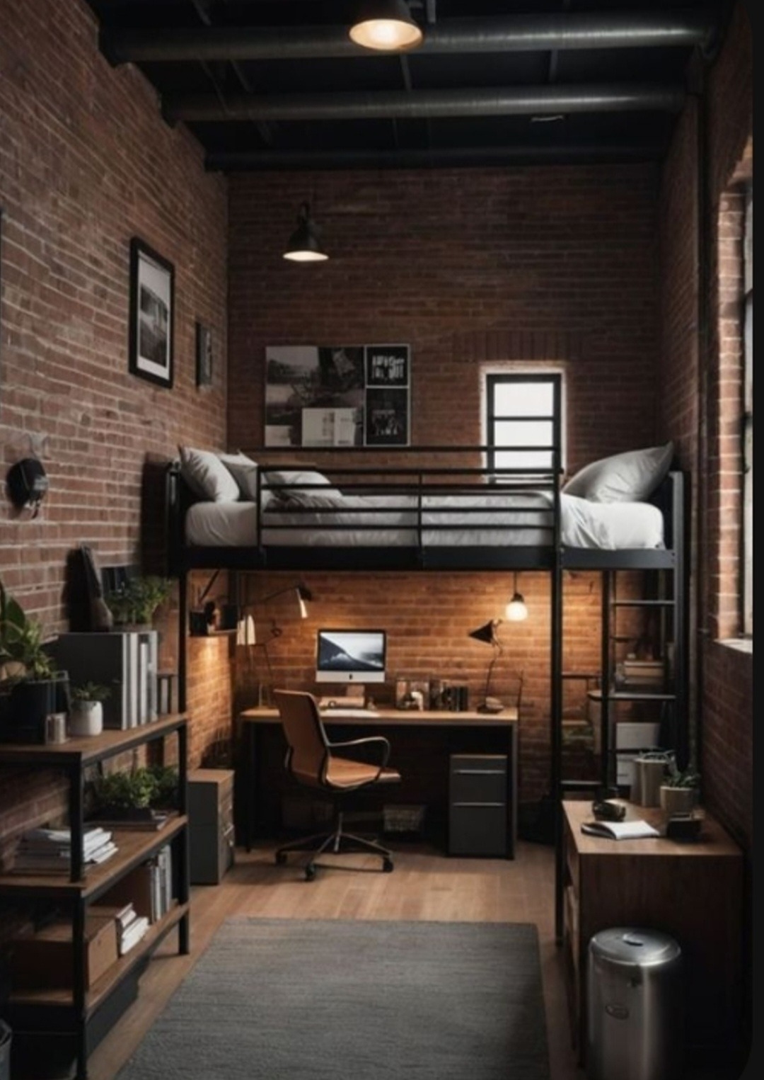 Pokój w stylu loft z łóżkiem na antresoli nad biurkiem, ceglane ściany, oświetlenie punktowe i regały z książkami i roślinami.