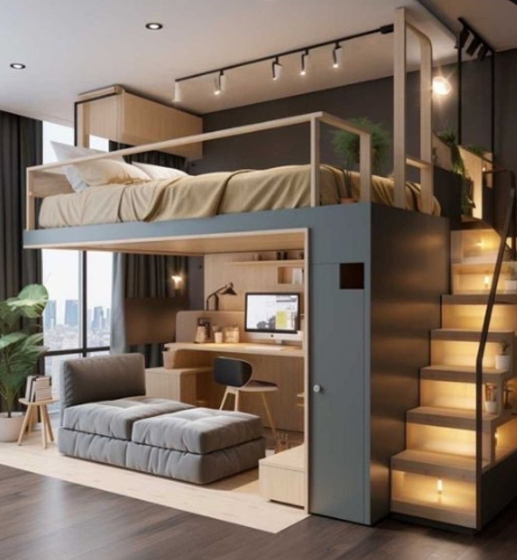 Kompaktowa aranżacja wnętrza: łóżko na antresoli nad biurkiem i rozkładaną sofą, schody z podświetleniem LED, minimalistyczny design, widok na miasto z okna.