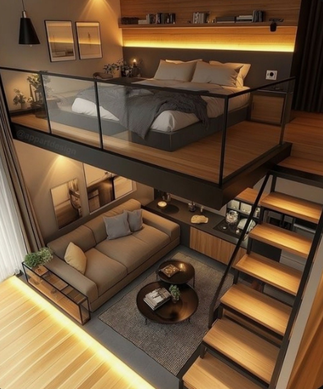 Dwupoziomowe mieszkanie z antresolą sypialnianą, szklane balustrady, drewniane schody, beżowa sofa, oświetlenie LED pod podłogą i półkami.