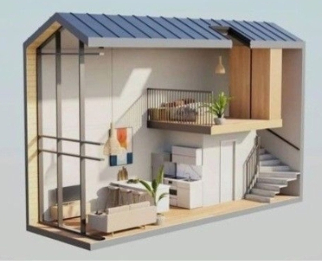 Przekrój modelu domu z antresolą, ukazujący salon z sofą, kuchnię pod schodami i sypialnię na antresoli z rośliną doniczkową. Schody prowadzą na górę, a przeszklona ściana wpuszcza światło.