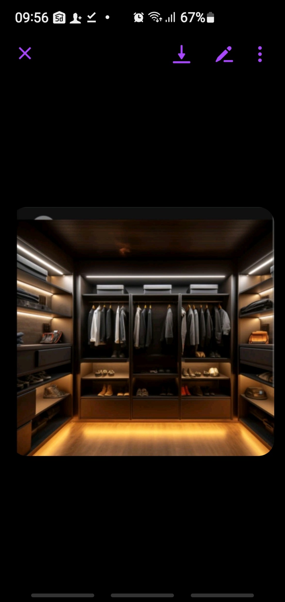 Nowoczesna garderoba w ciemnej tonacji z podświetleniem LED, ubrania wiszące na wieszakach, buty na półkach.