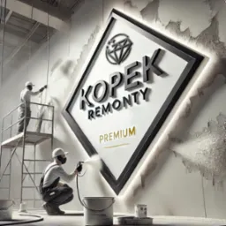 Dwóch pracowników w kombinezonach natryskowo nakłada gładź na ścianę w pomieszczeniu, na pierwszym planie zbliżenie na pracownika w pozycji kucznej z pistoletem natryskowym, obok wiadro, w tle logo...