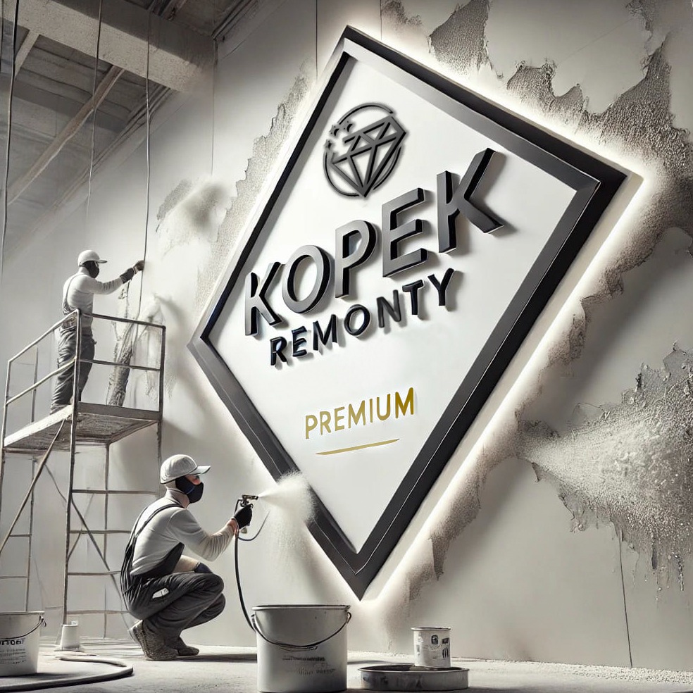 Dwóch pracowników w kombinezonach natryskowo nakłada gładź na ścianę w pomieszczeniu, na pierwszym planie zbliżenie na pracownika w pozycji kucznej z pistoletem natryskowym, obok wiadro, w tle logo...