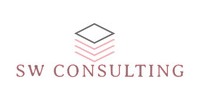 Logo SW Consulting: stylizowany stos dokumentów w odcieniach różu i szarości, nazwa firmy w kolorze różowym, minimalistyczny design na białym tle.