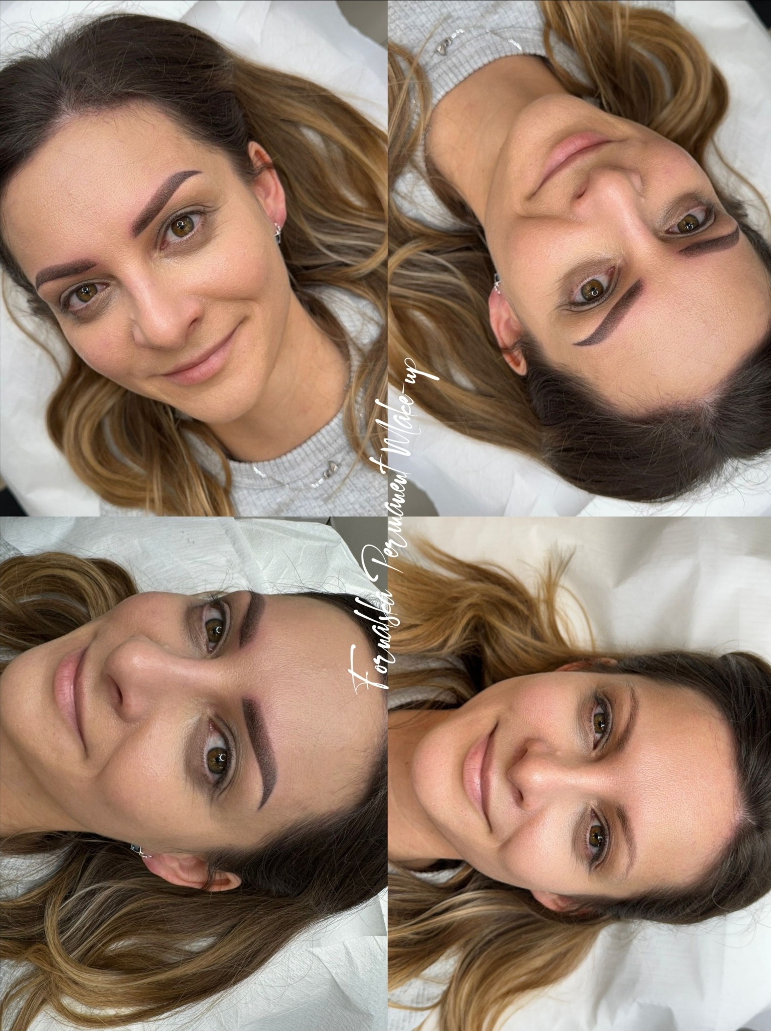 Kolaż czterech ujęć twarzy kobiety po zabiegu pudrowego cieniowania brwi, z widocznym efektem naturalnego podkreślenia i koloru dobranego do karnacji.