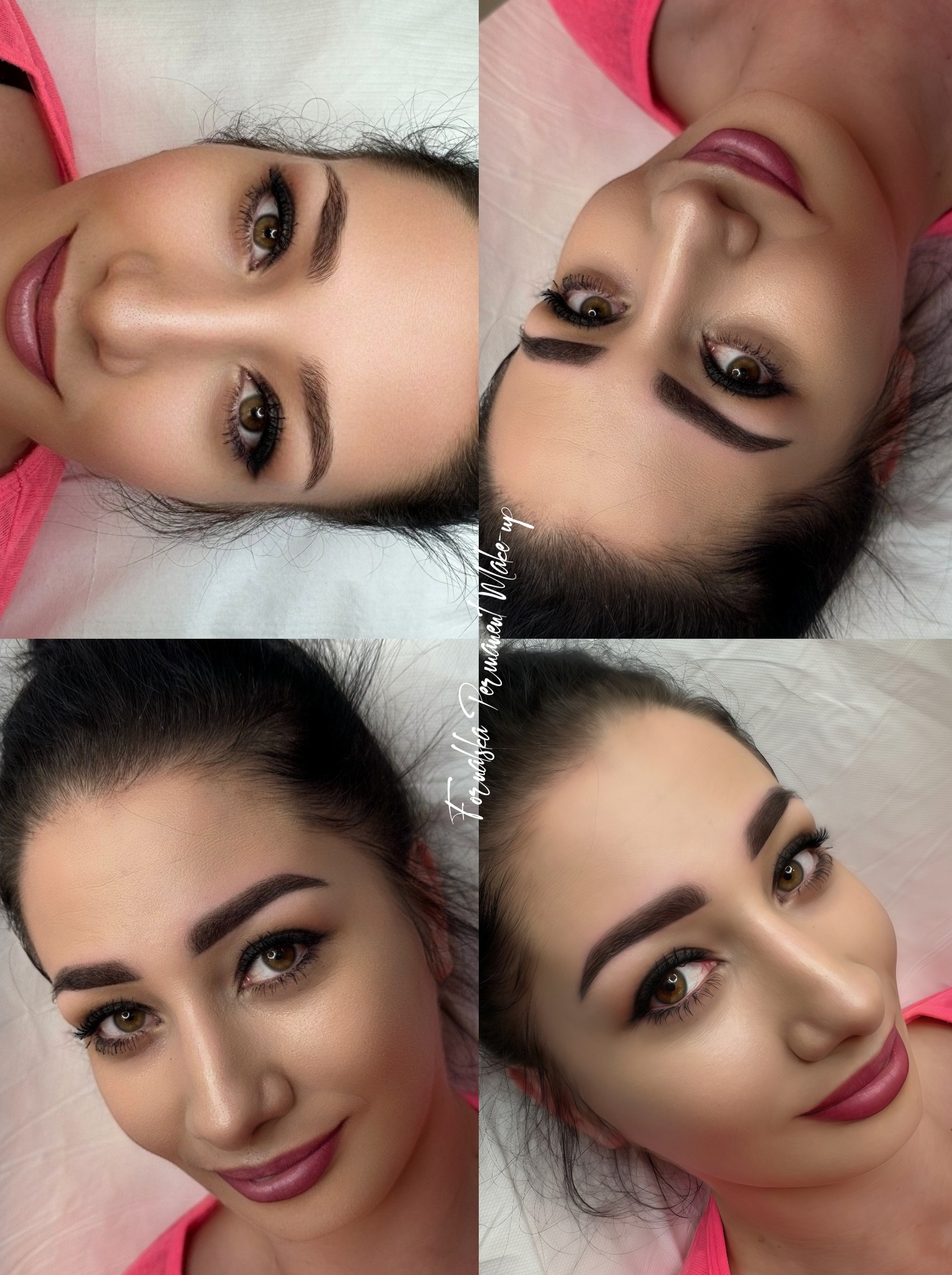 Kolaż czterech zdjęć twarzy kobiety z wyrazistymi, pudrowymi brwiami po zabiegu pigmentacji, prezentujący efekt z różnych perspektyw i w różnym oświetleniu.