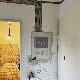 ELEKTRIKVATER SPÓŁKA Z OGRANICZONĄ ODPOWIEDZIALNOŚCIĄ - Instalacja elektryczna w trakcie montażu, widoczne kable prowadzone w ścianie, skrzynka rozdzielcza Volta +30% oraz gniazdko z wystającymi przewodami. W tle pomieszczenie w trakcie remontu...