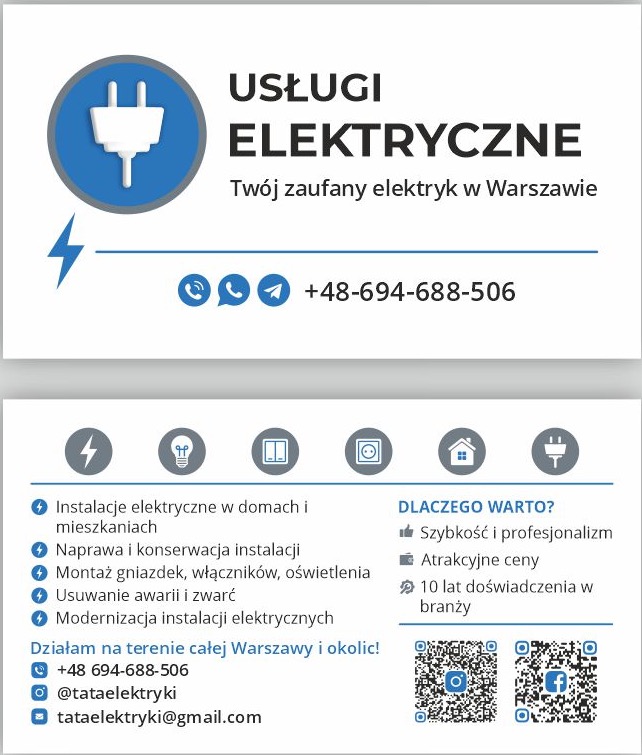 Wizytówka firmy elektrycznej z logo w kształcie wtyczki, oferująca instalacje, naprawy, montaż gniazdek, usuwanie awarii i modernizacje w Warszawie i okolicach, z numerem telefonu, adresem e-mail...