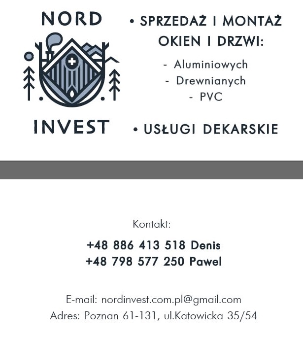 Logo firmy Nord Invest z symbolem dachu i drzew, oferującej sprzedaż i montaż okien i drzwi oraz usługi dekarskie, z danymi kontaktowymi: numerami telefonów, adresem e-mail i adresem siedziby...
