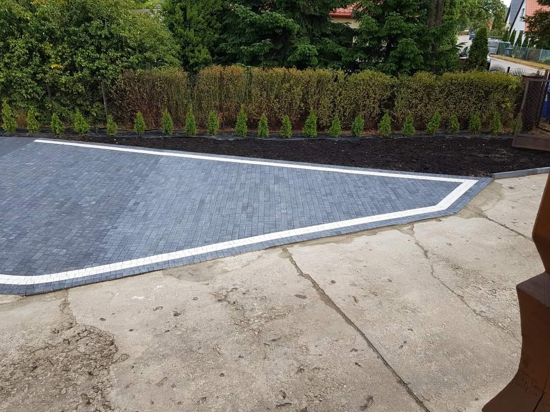 Ułożona kostka brukowa w odcieniach szarości z białym obramowaniem, obok rabata z młodymi drzewkami iglastymi. Częściowo widoczna betonowa powierzchnia.