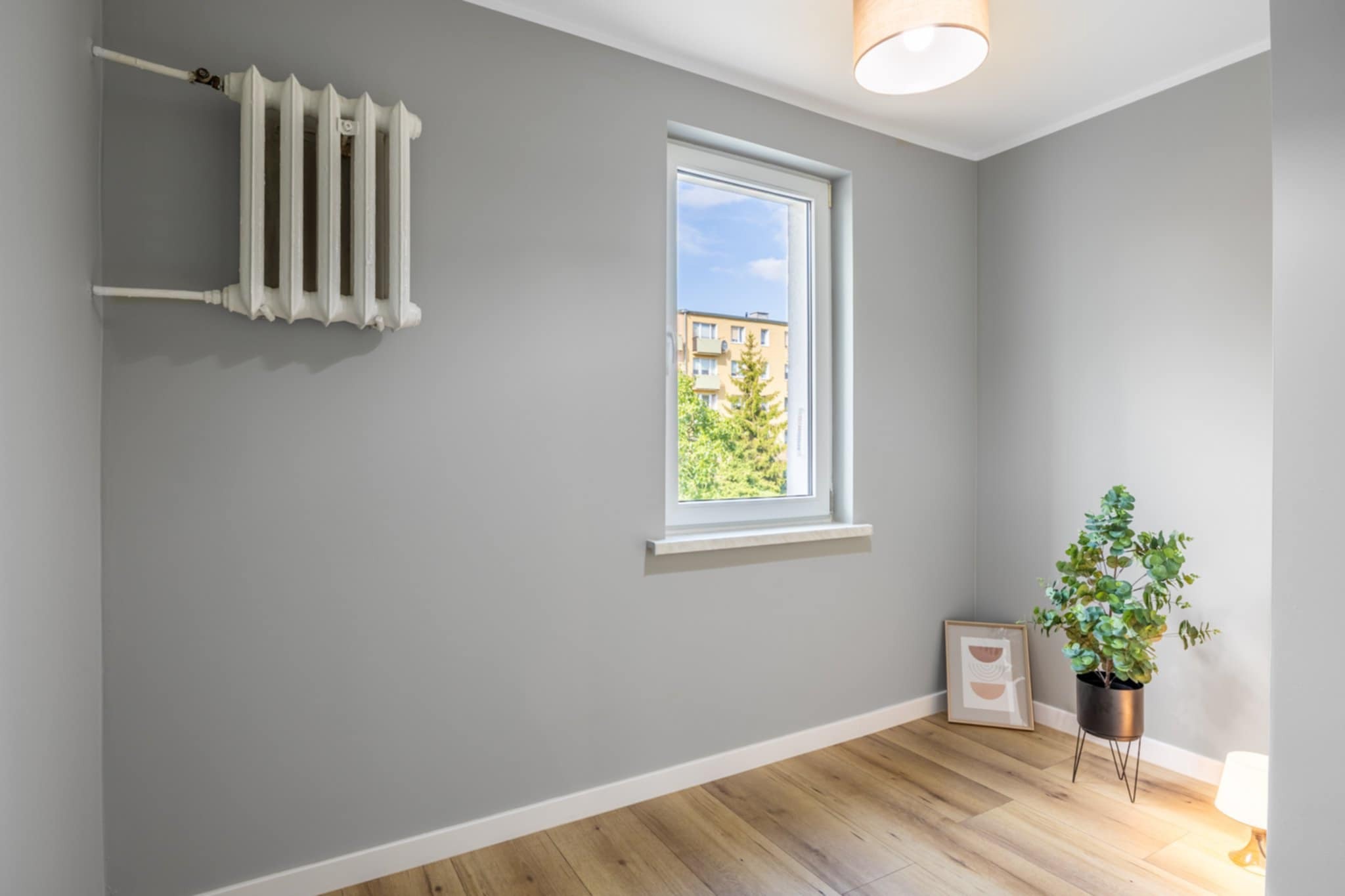 Szare wnętrze pokoju po malowaniu ścian z białym grzejnikiem, oknem z widokiem na budynek i drzewa, drewnianą podłogą oraz rośliną doniczkową w rogu.