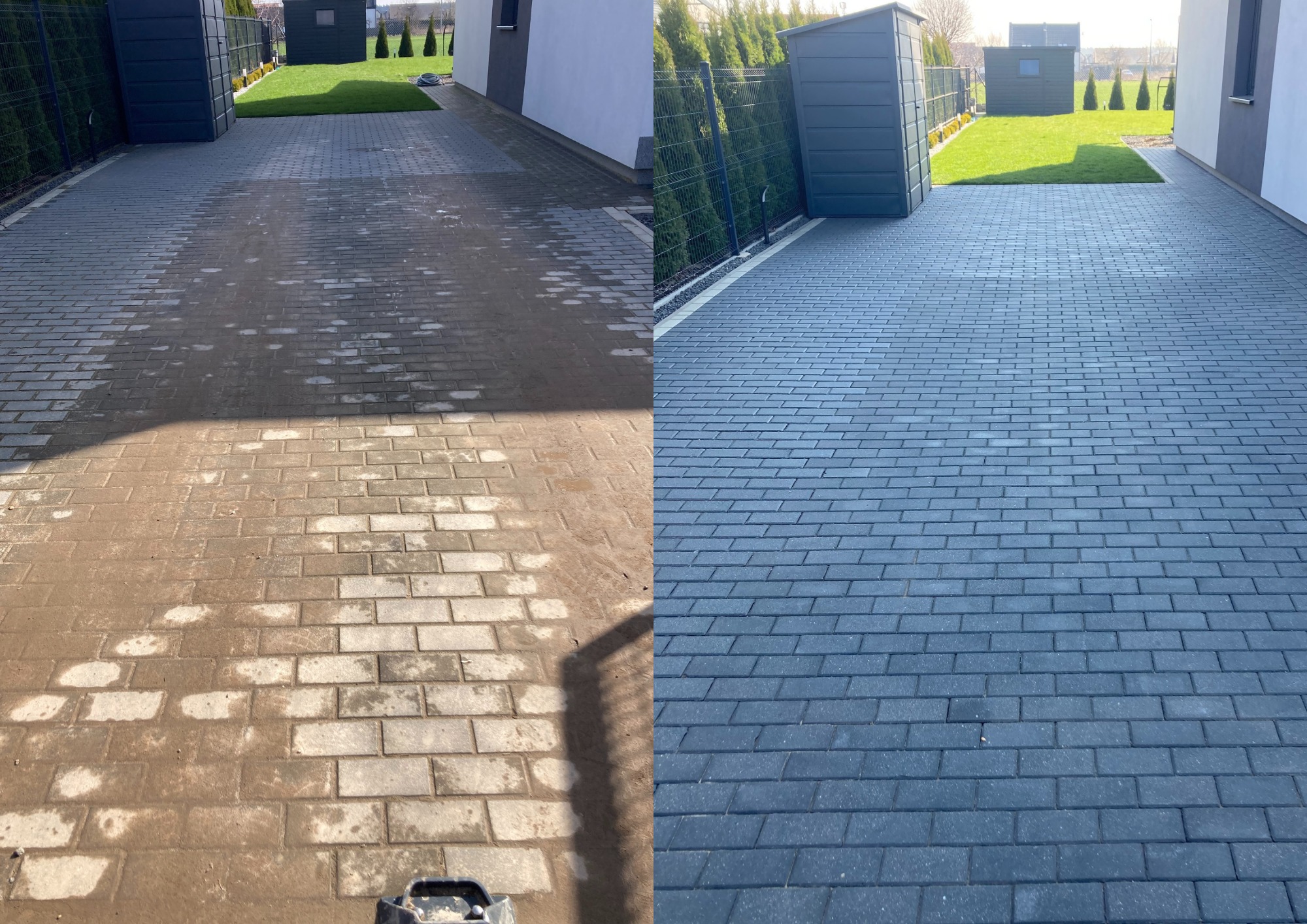 Porównanie stanu kostki brukowej przed i po czyszczeniu, widoczne różnice w kolorze i usunięte zabrudzenia, tło z budynkami i zielenią.