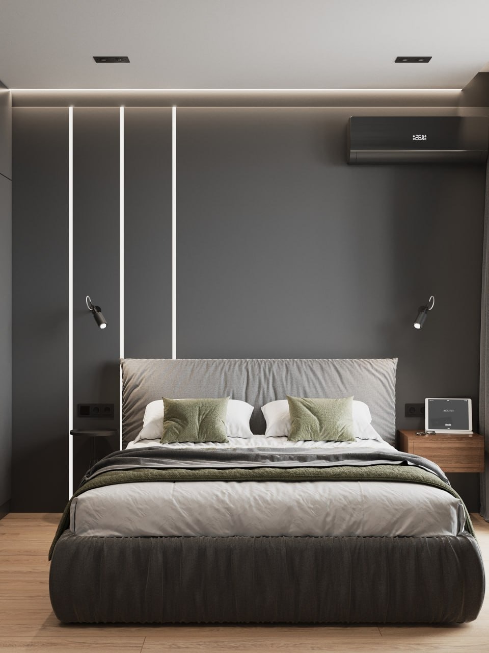 Elegancka sypialnia w odcieniach szarości z podświetleniem LED, klimatyzacją i drewnianą podłogą. Minimalistyczny design z akcentami zieleni na poduszkach.