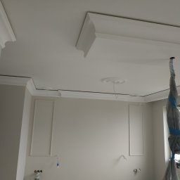 ProBud Group - Jasne wnętrze w trakcie wykańczania: ściany z dekoracyjnymi panelami, białe listwy przysufitowe z ornamentami, zabezpieczona folią lampa wisząca, okno z widokiem na budynki.