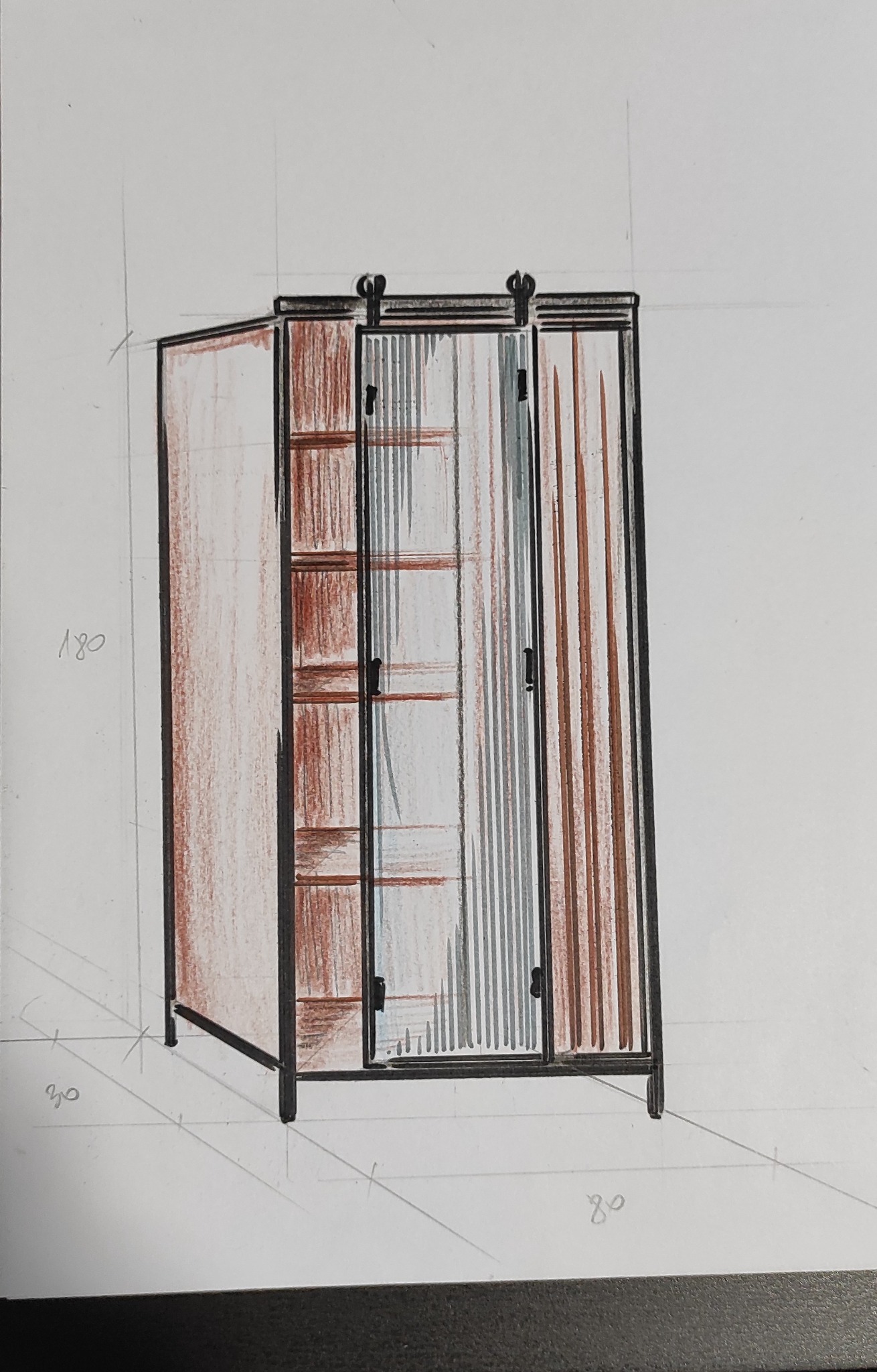 Szkic koncepcyjny szafy przesuwnej z wymiarami, wykonany markerami na papierze w perspektywie aksonometrycznej.