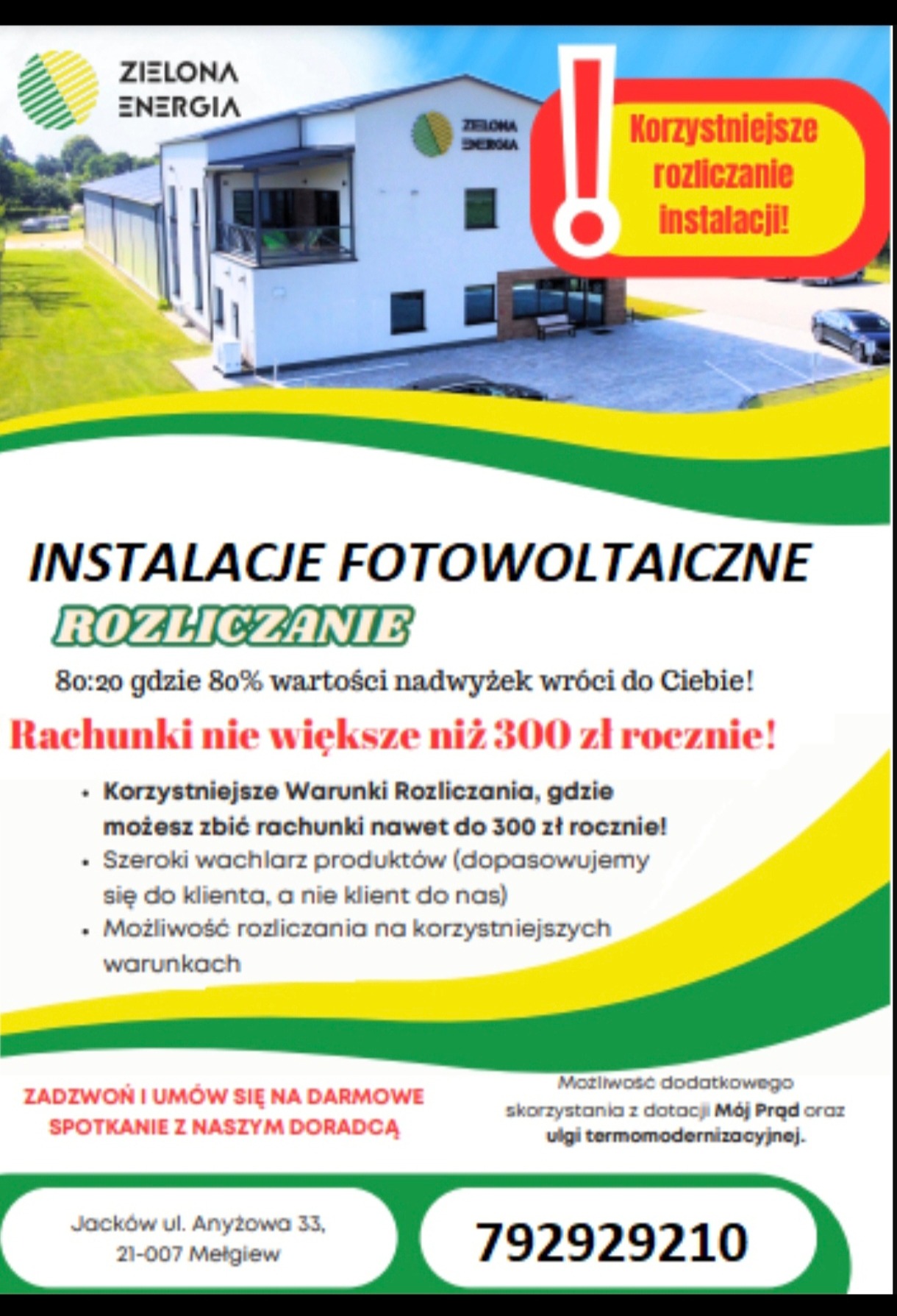 Reklama firmy oferującej instalacje fotowoltaiczne i rozliczanie energii, z budynkiem firmy w tle i hasłem 'Korzystniejsze rozliczanie instalacji!'