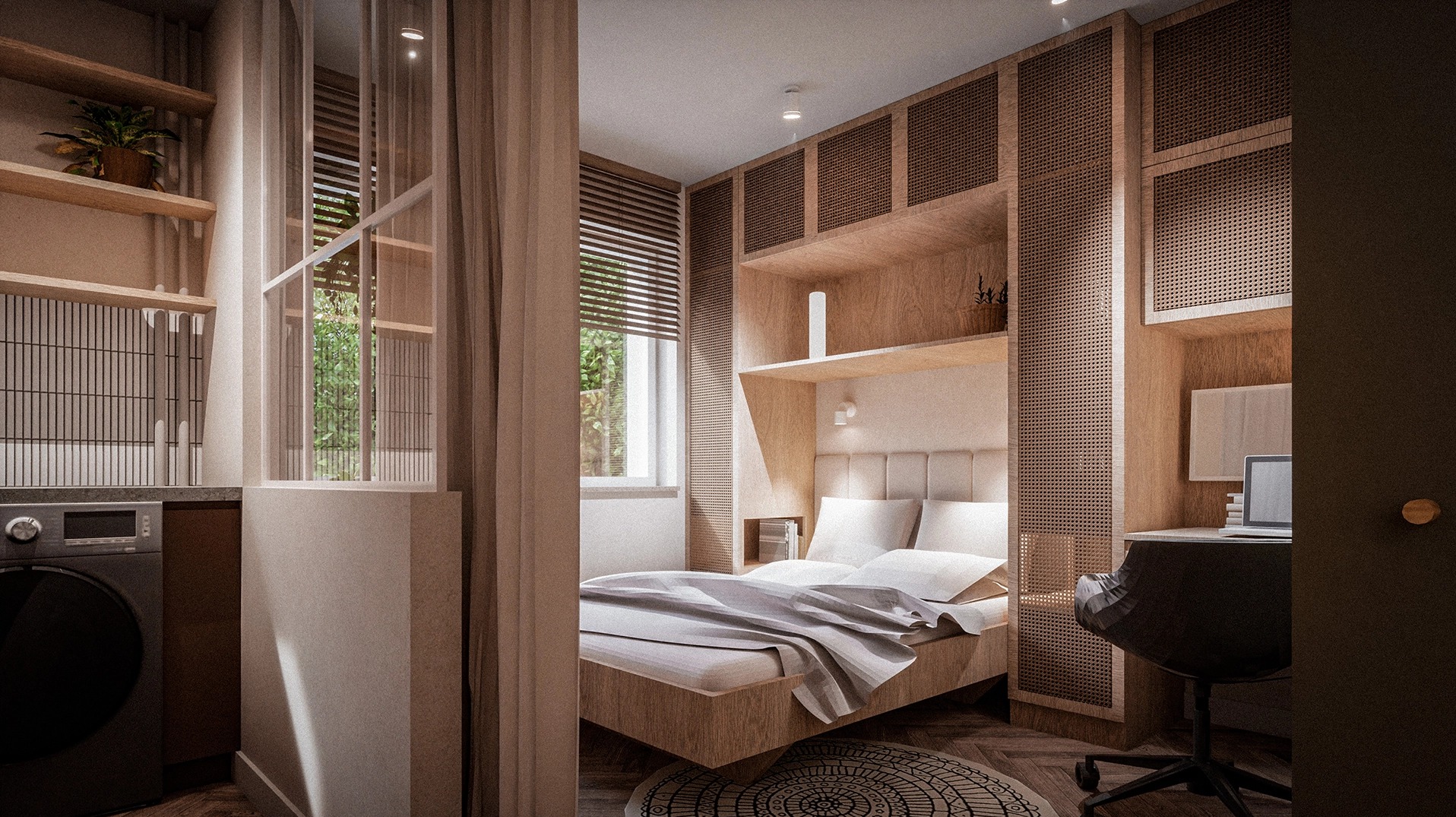 Wnętrze sypialni z elementami biura, drewniane panele z perforacją, łóżko z jasną pościelą, biurko z laptopem, okno z żaluzjami, pralka widoczna w tle.