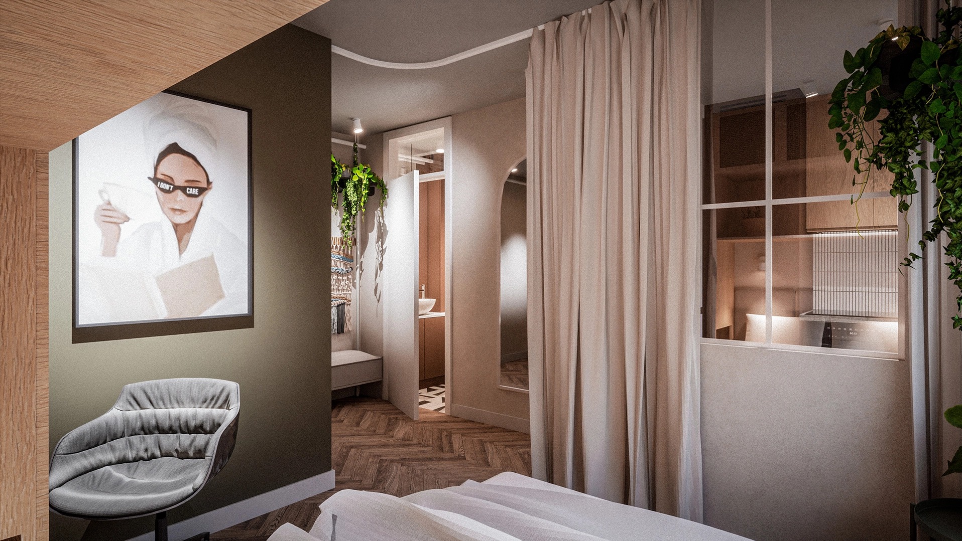 Nowoczesna sypialnia z widokiem na łazienkę przez szklaną ścianę i zasłony, na ścianie grafika w ramie, parkiet w jodełkę, szary fotel.