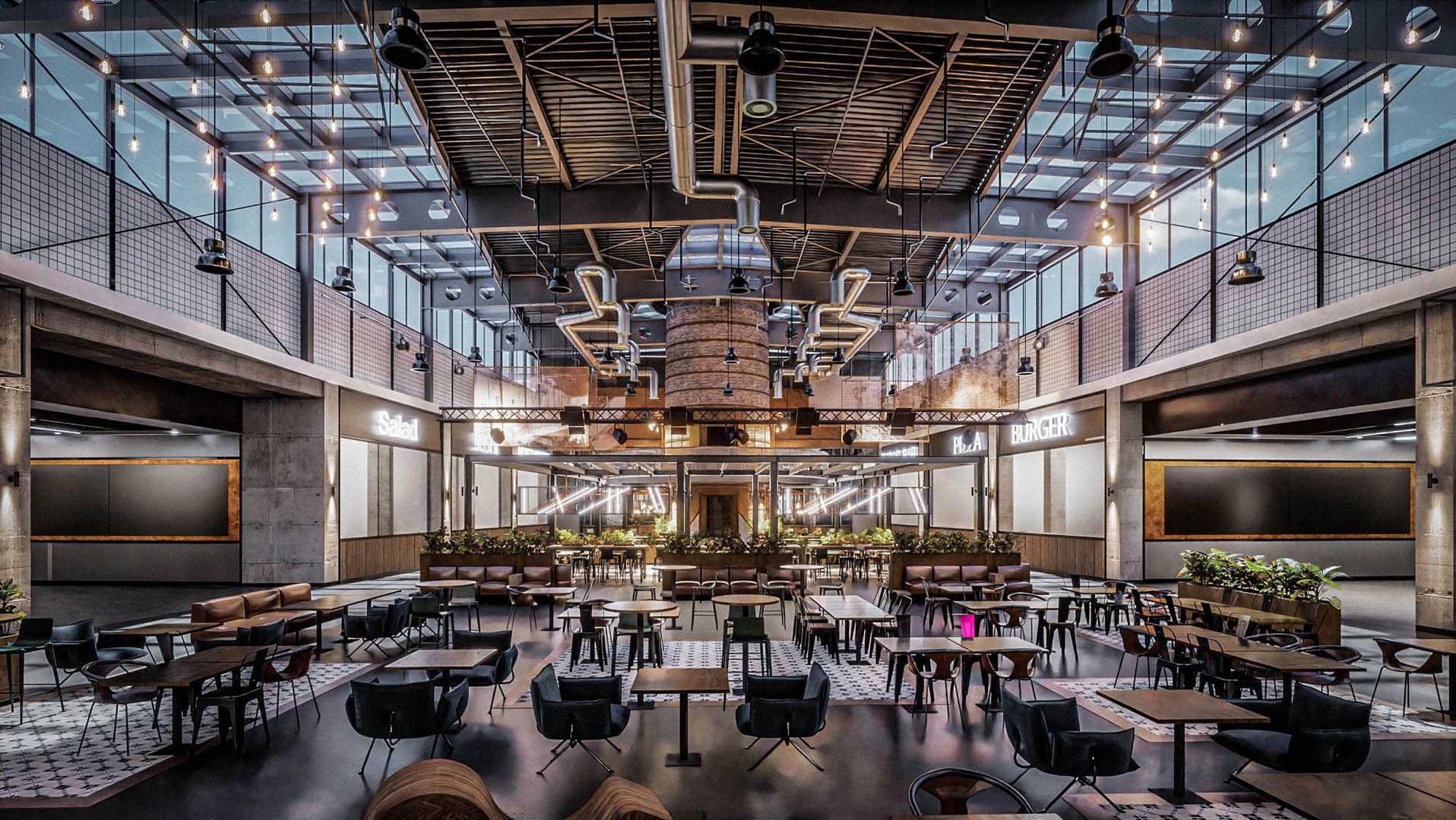 Przestronne wnętrze restauracji w stylu industrialnym z wysokim sufitem, szklanym dachem, widocznymi instalacjami, ceglanym kominem i neonowymi napisami 'Salad' i 'Burger'.