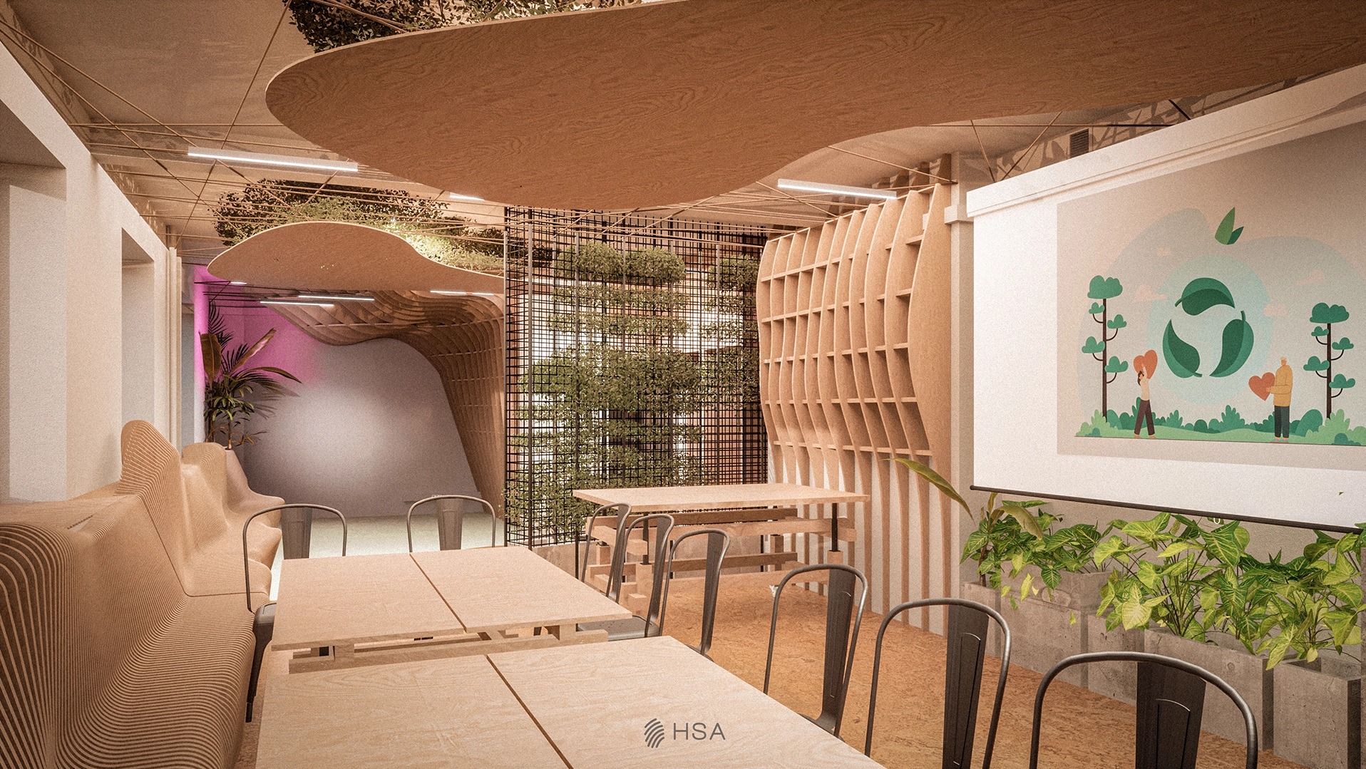 Wizualizacja biura z elementami drewnianymi, zielenią wertykalną i grafiką proekologiczną na ścianie, prezentująca nowoczesne i naturalne materiały.