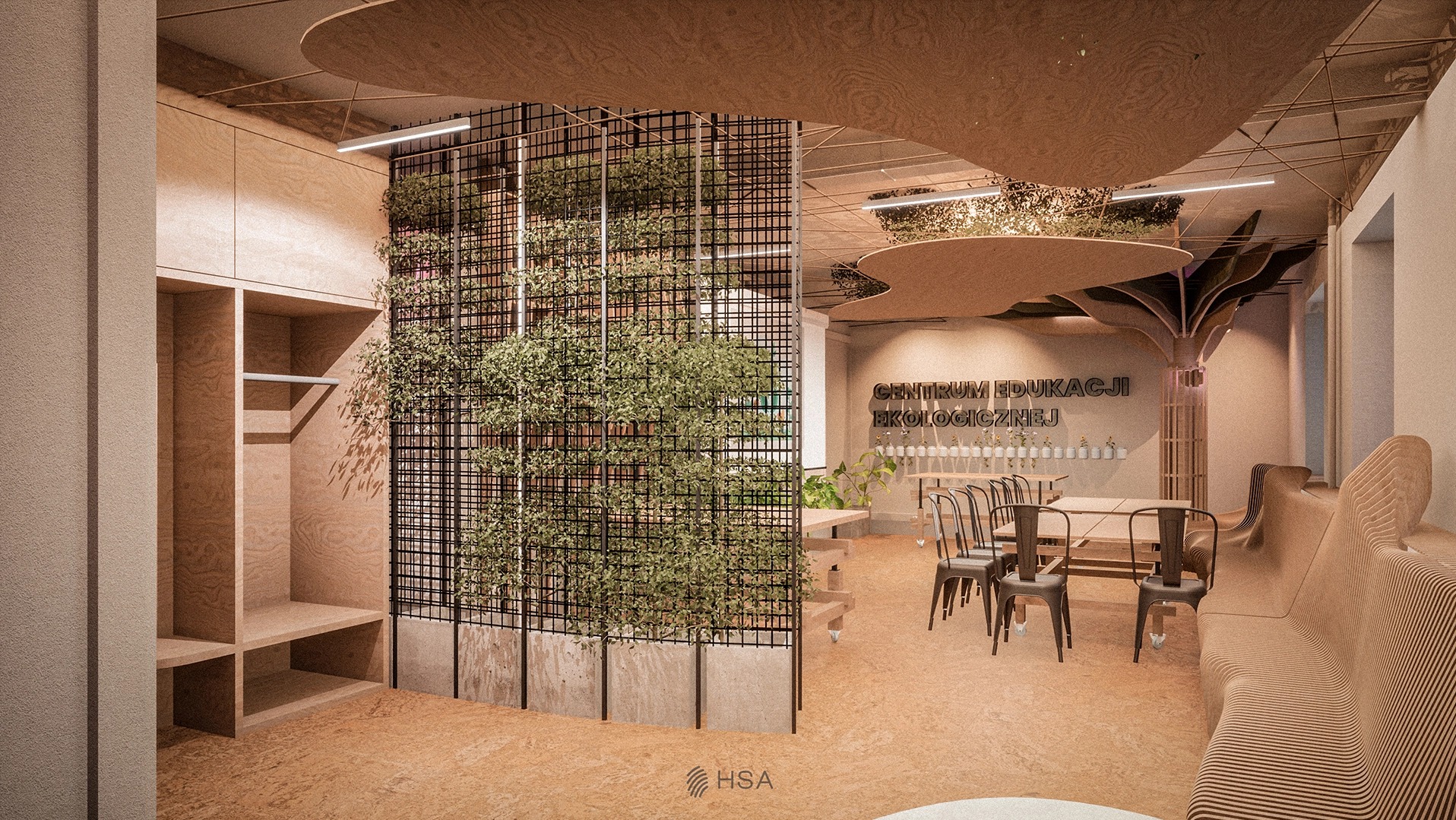 Wizualizacja wnętrza Centrum Edukacji Ekologicznej z pionową ścianą zieleni, drewnianymi meblami i sufitem o organicznym kształcie.