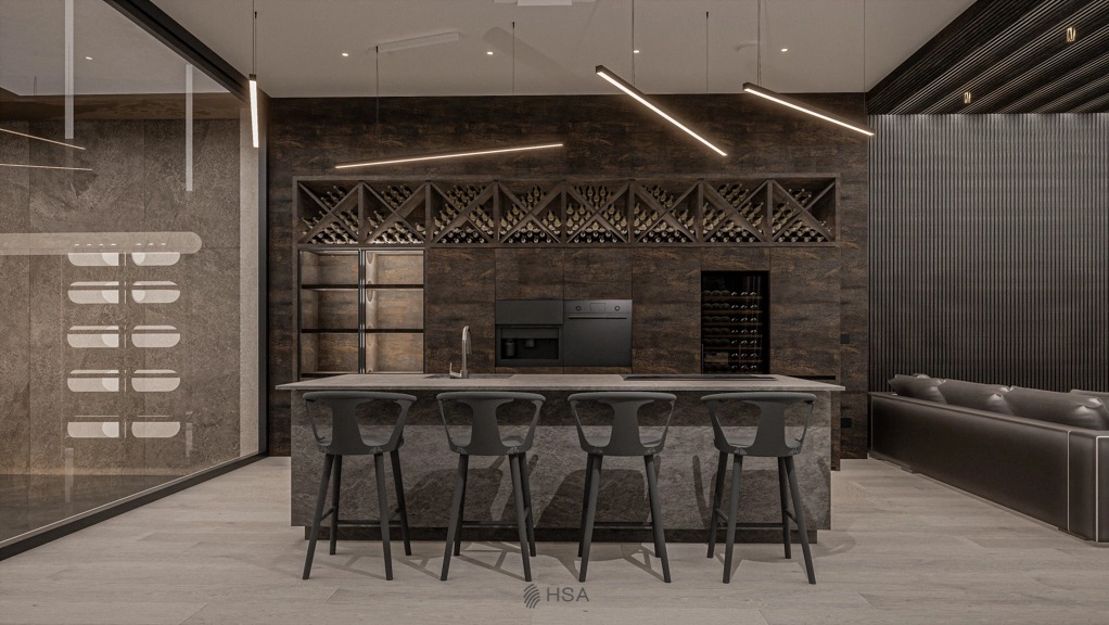 Nowoczesna kuchnia z wyspą, ciemne wykończenia, regał na wino nad blatem, minimalistyczne oświetlenie liniowe i cztery czarne krzesła barowe.