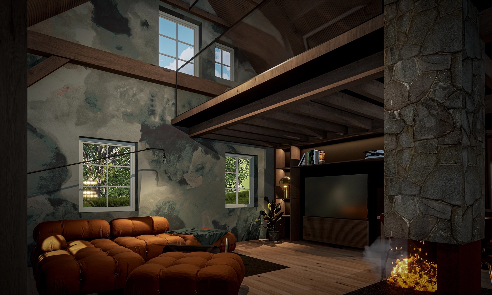 Loftowe wnętrze z kamiennym kominkiem, brązową sofą modułową, drewnianymi belkami stropowymi i ścianami o fakturze betonu. W tle widoczne okna z widokiem na zieleń.