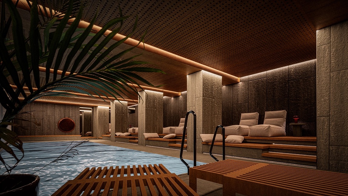 Wnętrze luksusowego spa z basenem, drewnianymi leżakami i strefą relaksu z poduszkami, oświetlone ciepłym światłem.