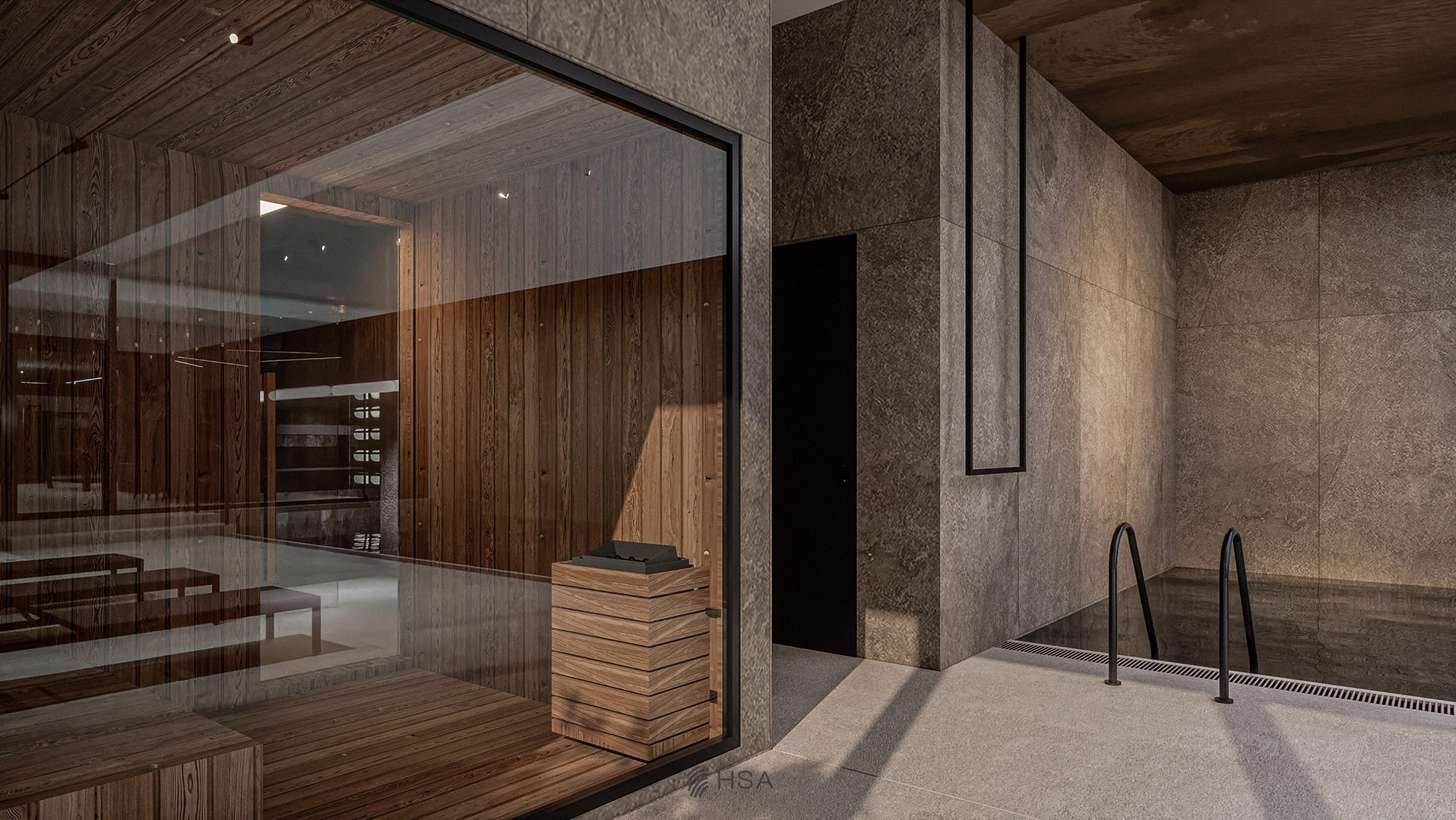 Nowoczesna aranżacja wnętrza z drewnianą sauną za szklaną ścianą i basenem wykończonym szarą płytką, minimalistyczne oświetlenie i czarne detale.