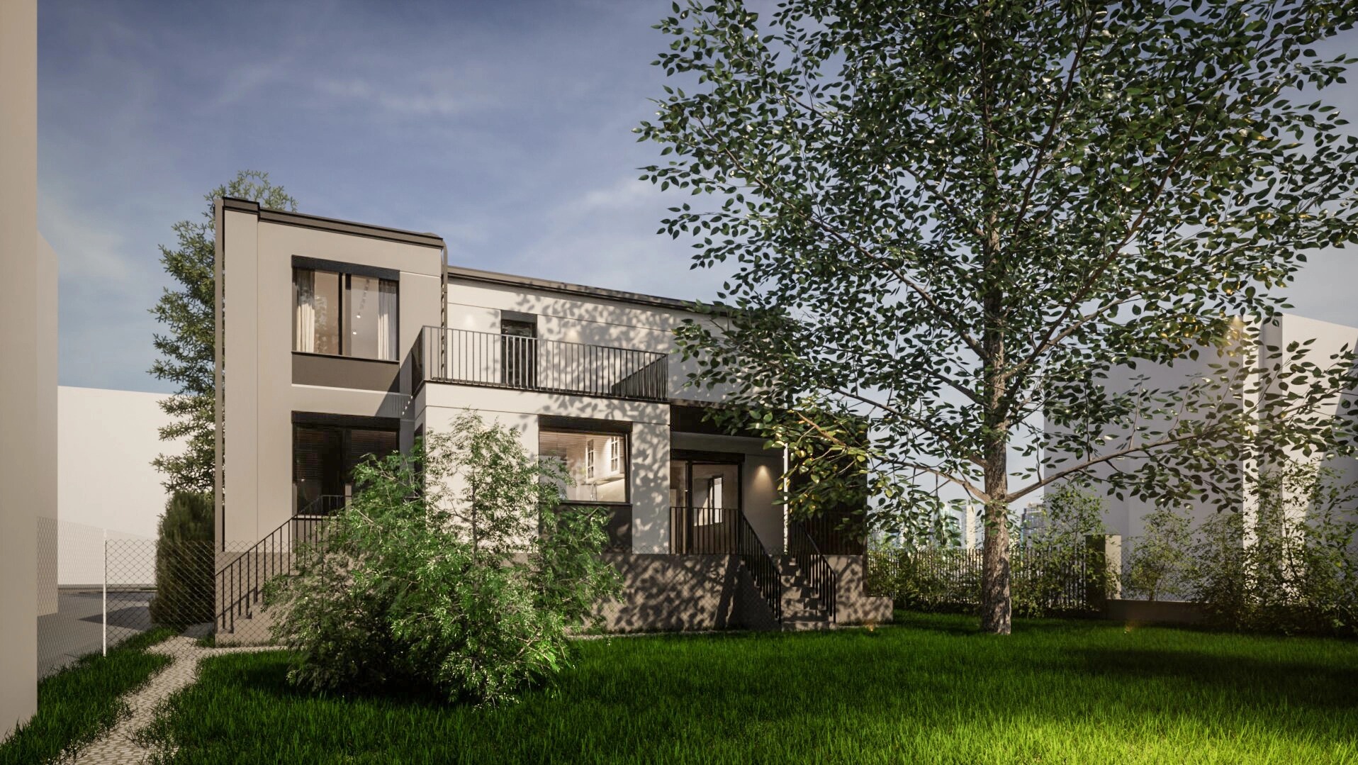 Wizualizacja dwukondygnacyjnego domu z płaskim dachem, balkonem z czarną balustradą i schodami wejściowymi, otoczonego zielonym trawnikiem i drzewami.