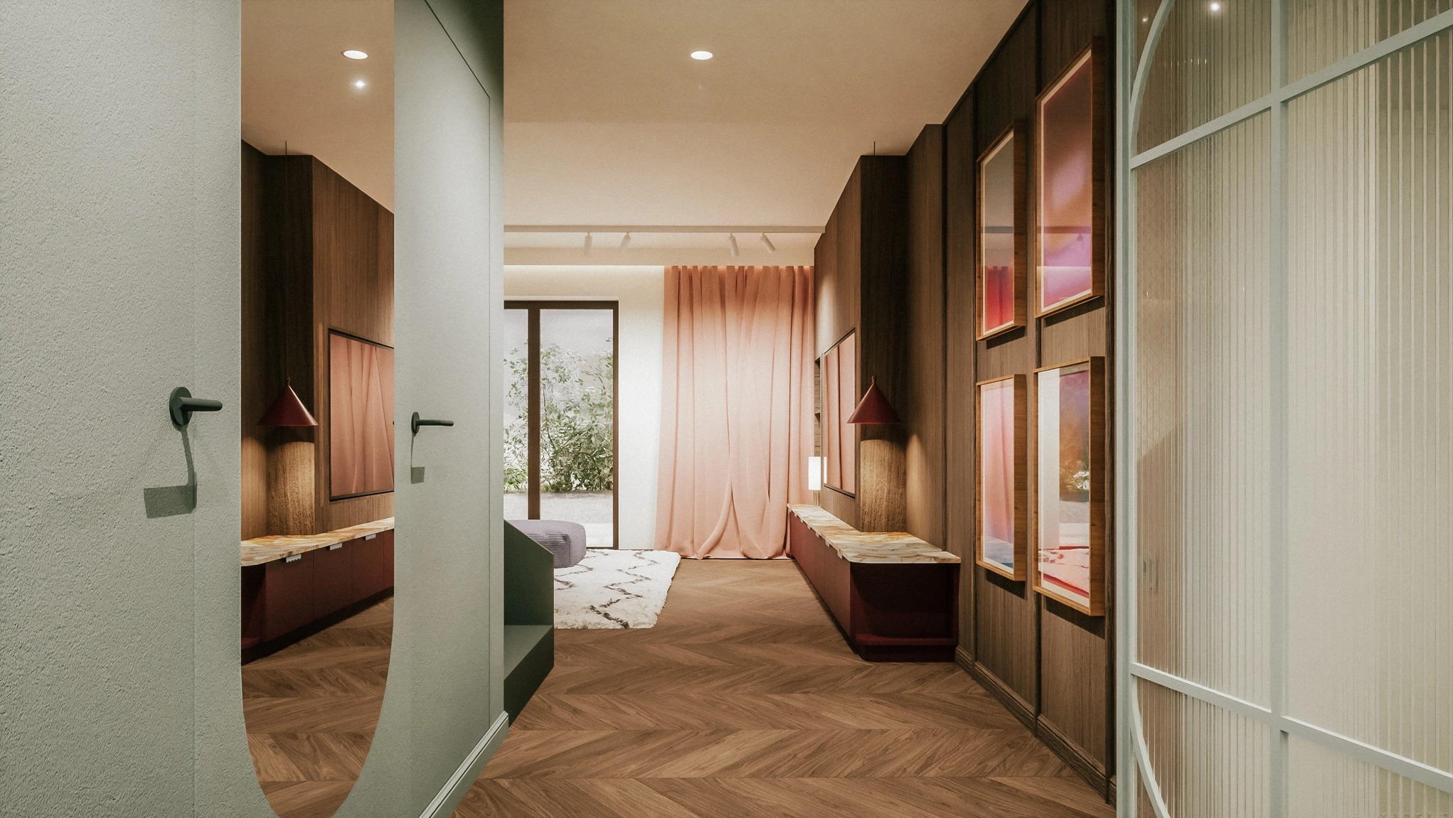 Nowoczesne wnętrze z drewnianą podłogą ułożoną w jodełkę, drewnianymi panelami ściennymi z abstrakcyjnymi obrazami w drewnianych ramach, różowymi zasłonami i białym dywanem z geometrycznym wzorem...