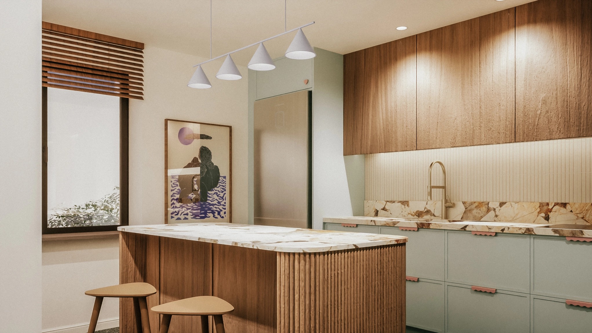Nowoczesna kuchnia z wyspą, drewnianymi szafkami i marmurowym blatem, oświetlona czterema stożkowymi lampami wiszącymi.