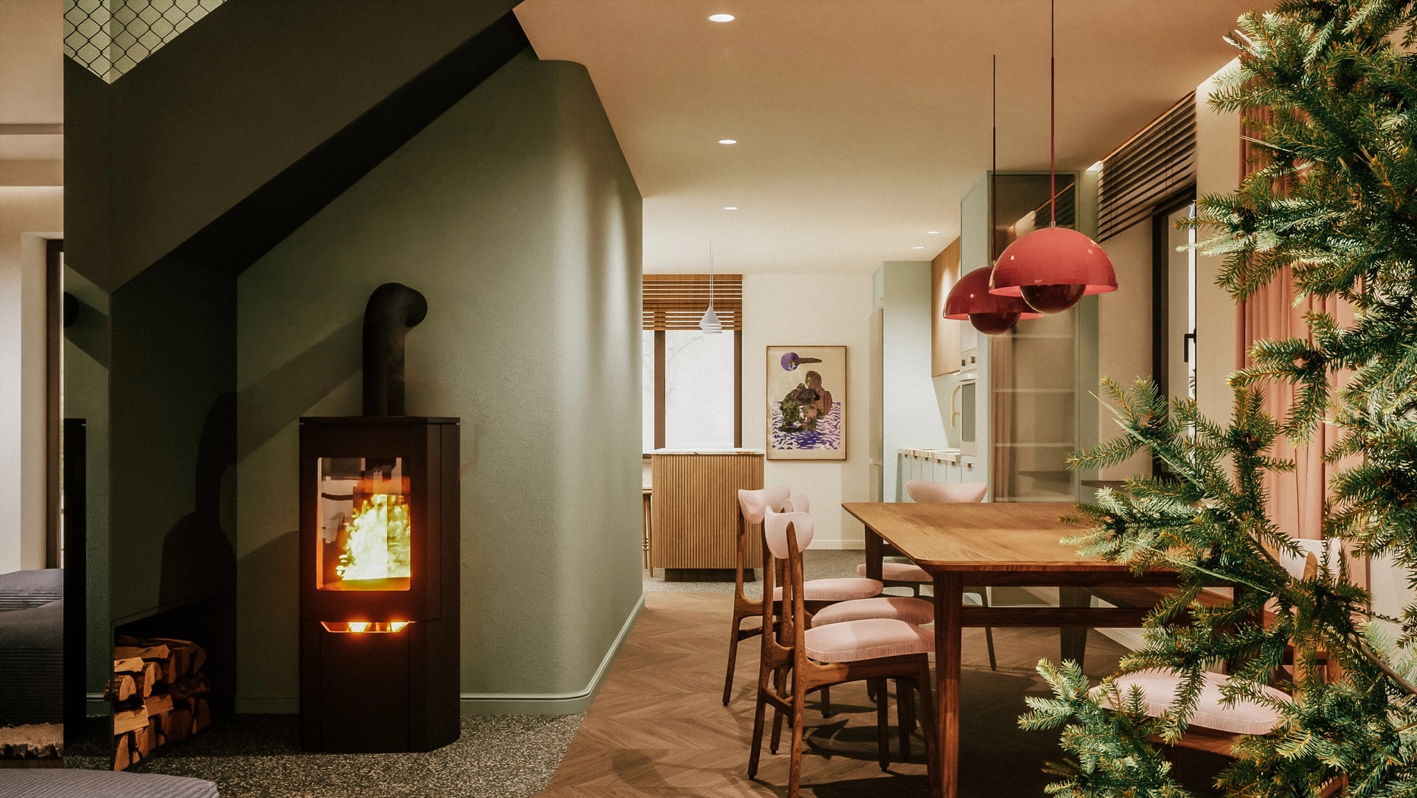 Wnętrze jadalni z kominkiem wolnostojącym, drewnianym stołem i krzesłami z różowym obiciem, oświetlone wiszącymi lampami w kolorze czerwonym, z choinką w rogu.