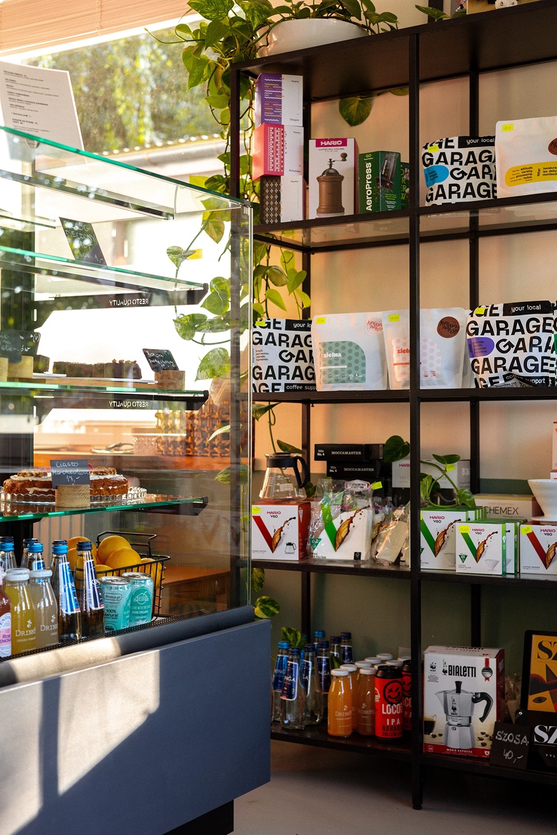 Wnętrze kawiarni z regałem pełnym kaw, akcesoriów do parzenia i słodkości w przeszklonej witrynie, dekorowane pnączem.