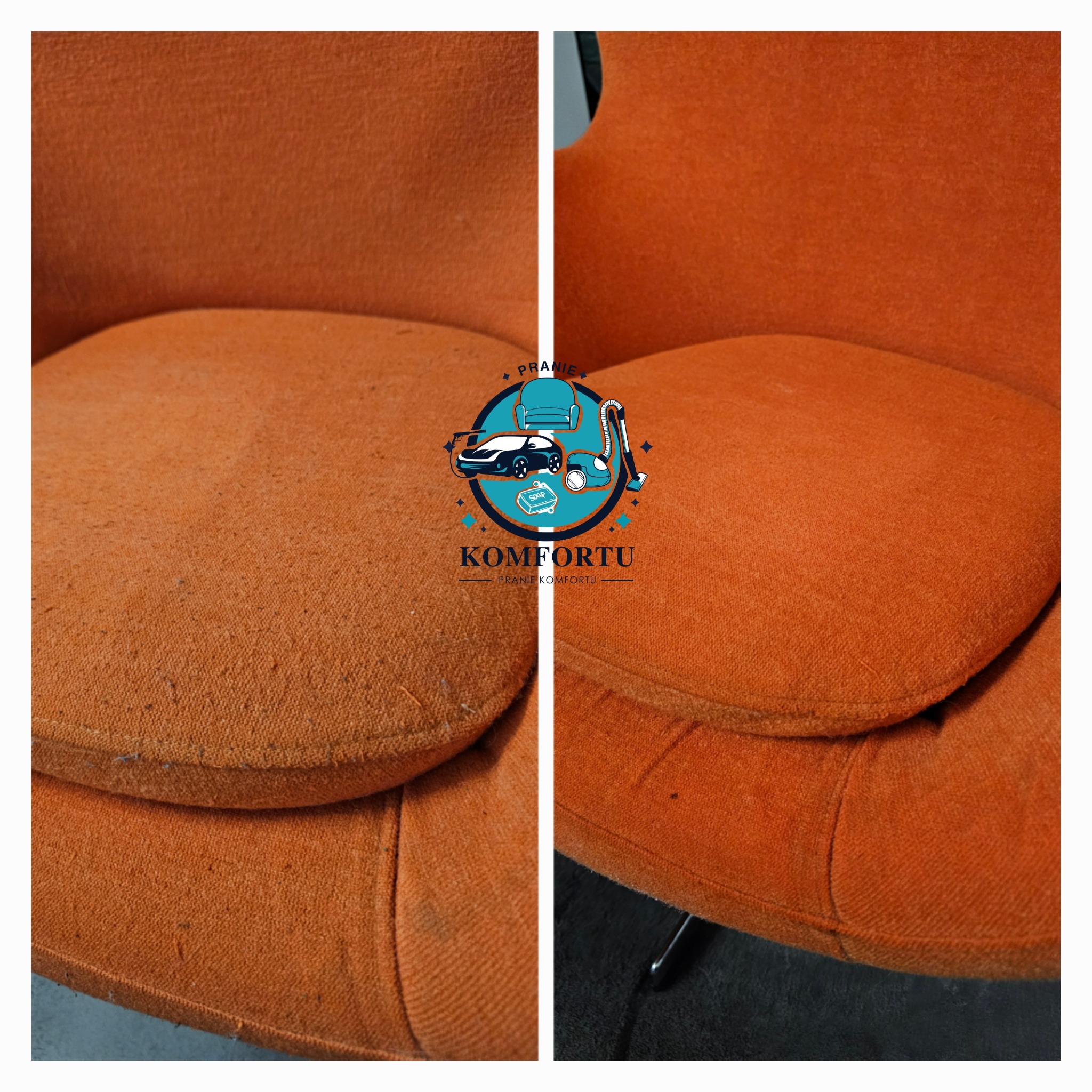 Pomarańczowe krzesło tapicerowane: widok przed i po czyszczeniu, z wyraźną różnicą w czystości materiału.